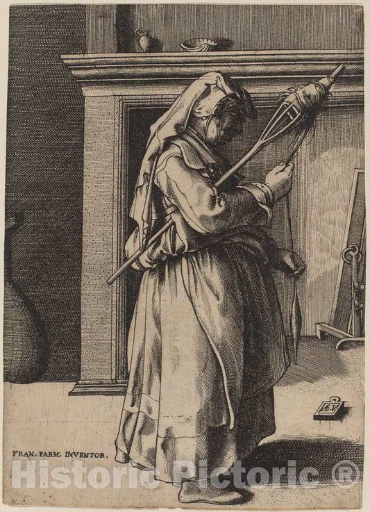 Art Print : Enea Vico After Parmigianino, Old Woman with a Distaff - Vintage Wall Art