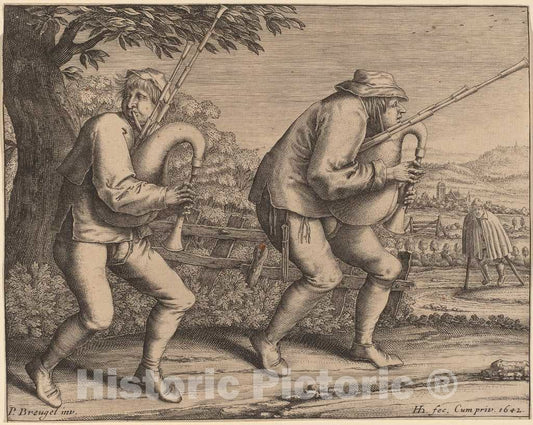 Art Print : Hondius I After Bruegel The Elder, Two Bagpipe Players, 1642 - Vintage Wall Art