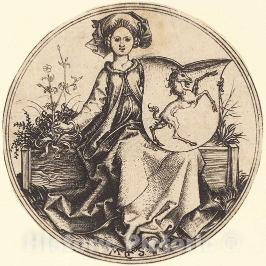 Art Print : Martin Schongauer, Shield with Unicorn, Held by Woman, c.1485 - Vintage Wall Art