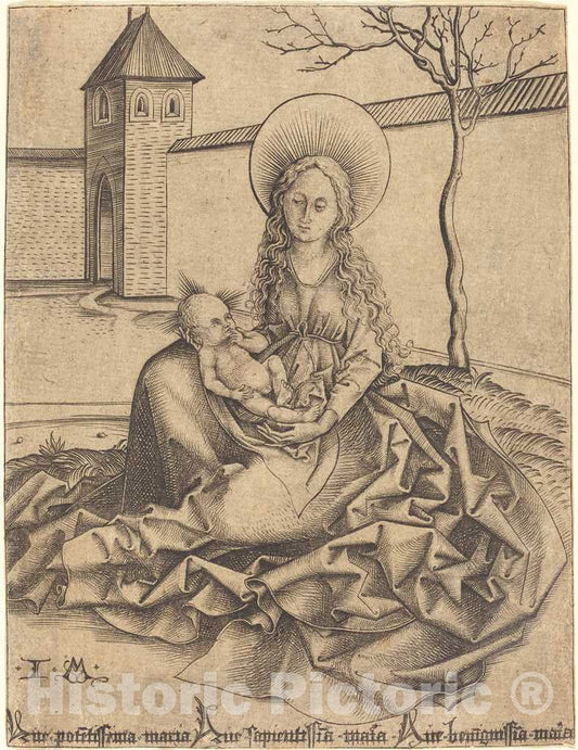 Art Print : Meckenem After Martin Schongauer, Virgin and Child in a Courtyard - Vintage Wall Art
