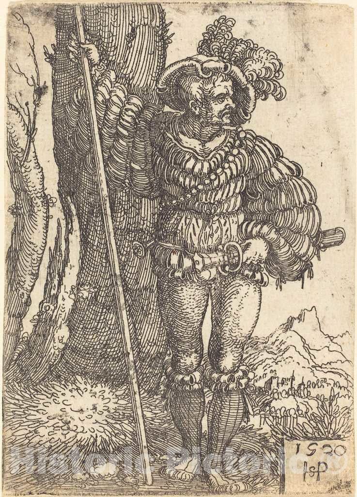Art Print : Sebald Beham, Foot Soldier Standing by a Tree, 1520 - Vintage Wall Art