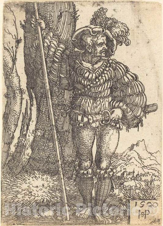 Art Print : Sebald Beham, Foot Soldier Standing by a Tree, 1520 - Vintage Wall Art