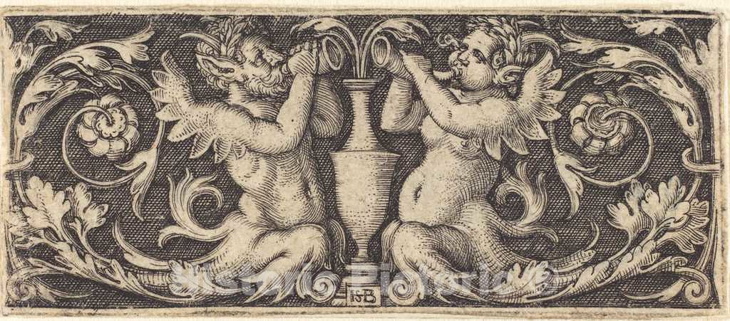 Art Print : Sebald Beham, Ornament with Tritons Blowing Horns, 1544 - Vintage Wall Art
