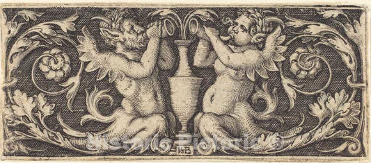 Art Print : Sebald Beham, Ornament with Tritons Blowing Horns, 1544 - Vintage Wall Art