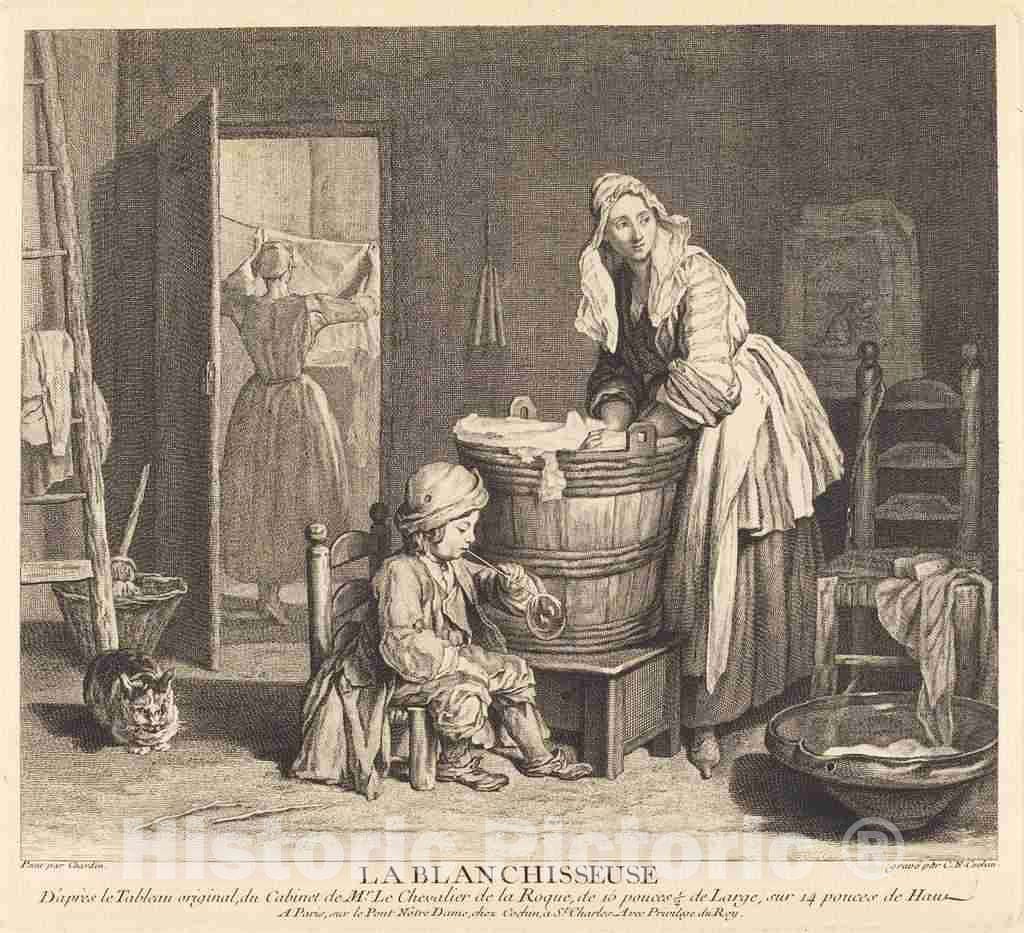 Art Print : Cochin I After Jean SimÃ©on Chardin, La Blanchisseuse, 1739 - Vintage Wall Art
