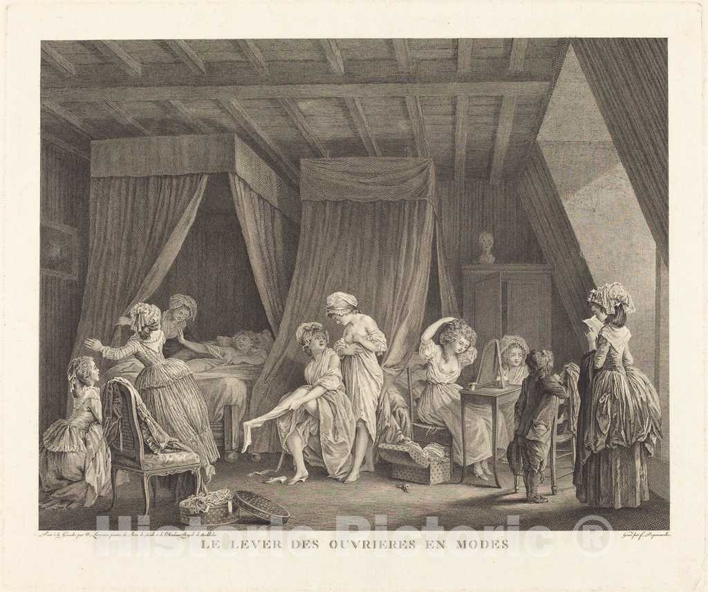 Art Print : Dequevauviller After Nicolas Lavreince, Le Lever des ouvrieres en Modes, 1784 - Vintage Wall Art