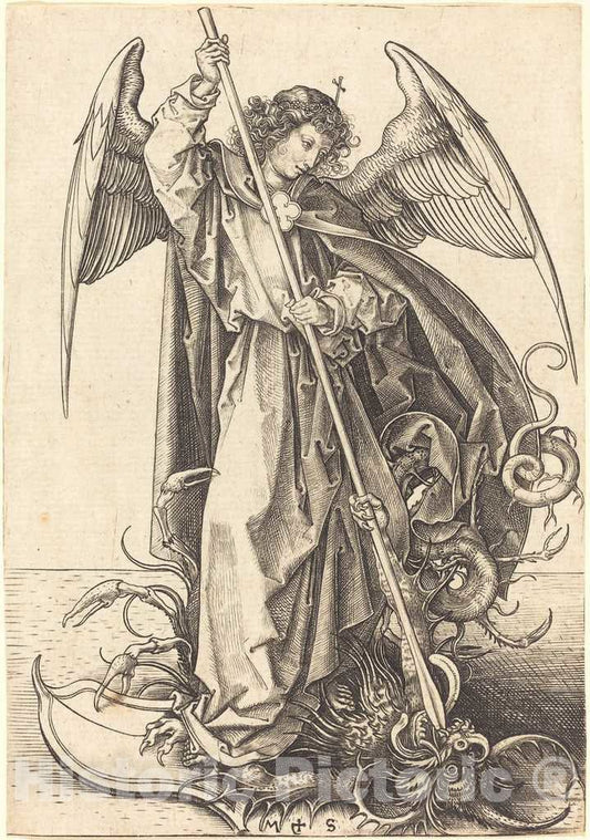 Art Print : Martin Schongauer, Saint Michael Slaying The Dragon, c.1485 - Vintage Wall Art