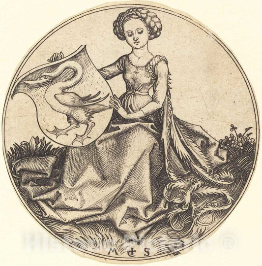 Art Print : Martin Schongauer, Shield with Swan, Held by Woman, c.1485 - Vintage Wall Art