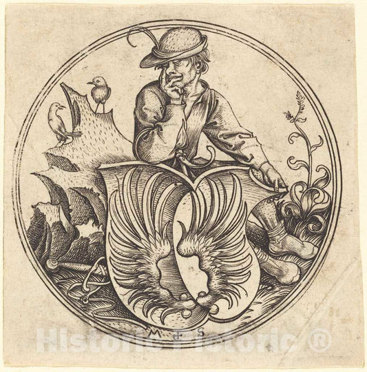 Art Print : Martin Schongauer, Shield with Wings, Held by Peasant, c.1485 - Vintage Wall Art