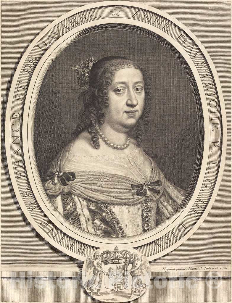 Art Print : Nanteuil After Mignard I, Anne of Austria, Queen of France and Navarre, 1660 - Vintage Wall Art