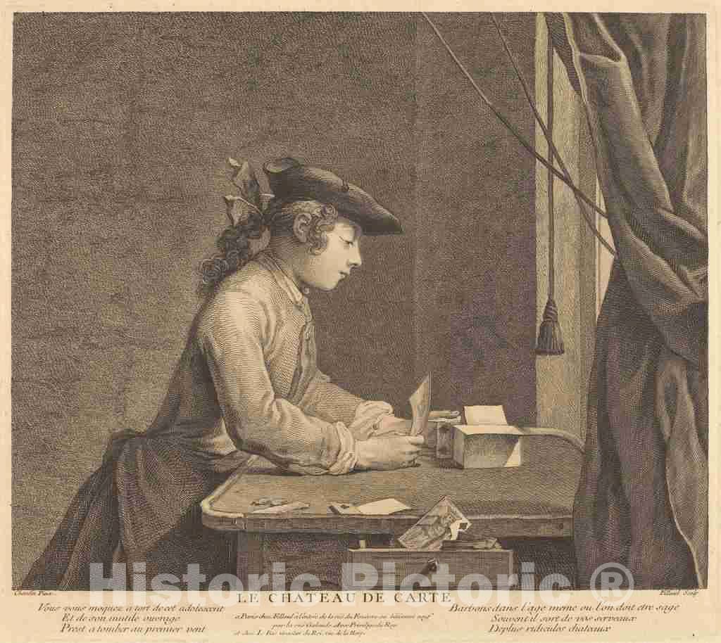 Art Print : Filloeul After Jean SimÃ©on Chardin, Le Chateau de Cartes, 1737 - Vintage Wall Art