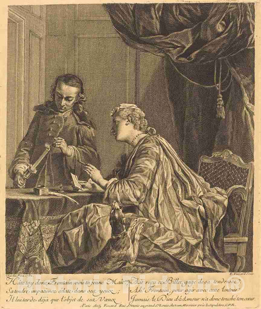 Art Print : Fessard After Chardin, Dame cachetant une lettre (Lady Sealing a Letter), 1738 - Vintage Wall Art