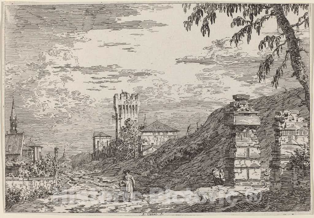 Art Print : Canaletto, Landscape with Tower and Two Ruined Pillars, c.1741 - Vintage Wall Art