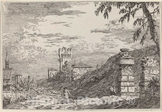 Art Print : Canaletto, Landscape with Tower and Two Ruined Pillars, c.1741 - Vintage Wall Art