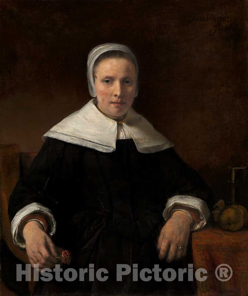 Art Print : Rembrandt, A Woman Holding a Pink, 1656 - Vintage Wall Art