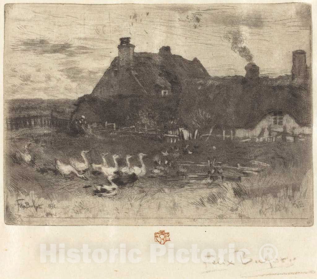 Art Print : FÃ©lix-Hilaire Buhot, Les Petites ChaumiÃ¨res (Thatched Cottages-Small Plate), 1878 - Vintage Wall Art
