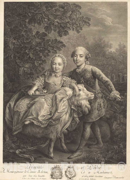 Art Print : Beauvarlet After Drouais, Le Comte d'Artois as an Enfant with Mlle. Clotide, 1767 - Vintage Wall Art