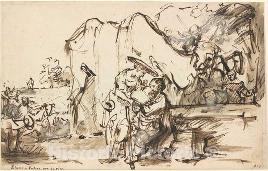 Art Print : Rembrandt, Eliezer and Rebecca at The Well, 1640s - Vintage Wall Art
