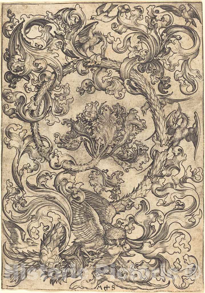 Art Print : Martin Schongauer, Ornament with Owl Mocked by Day Birds, c.1485 - Vintage Wall Art