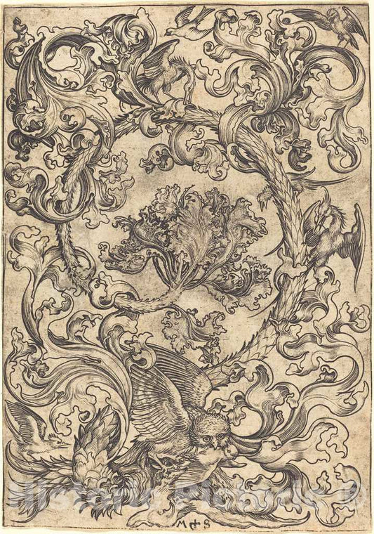 Art Print : Martin Schongauer, Ornament with Owl Mocked by Day Birds, c.1485 - Vintage Wall Art
