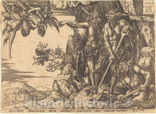 Art Print : Aldegrever, The Rich Man Being Carried Away by The Devil - Vintage Wall Art