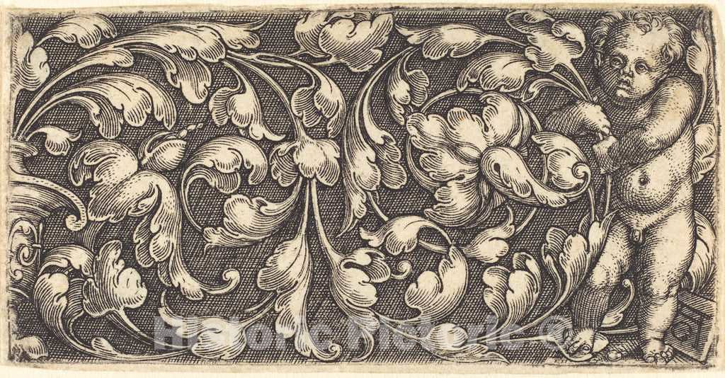 Art Print : Aldegrever, Naked Infant Holding a Double Scroll of Leafy Ornament - Vintage Wall Art