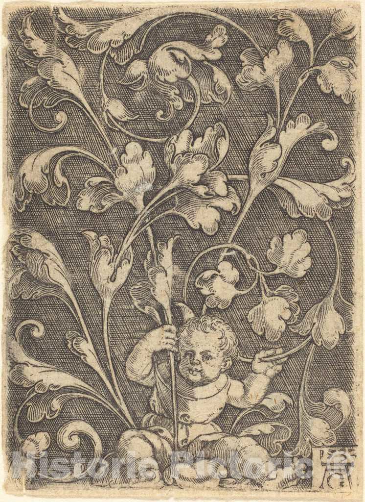 Art Print : Aldegrever, Scroll Ornament with Seated Child, 1532 - Vintage Wall Art