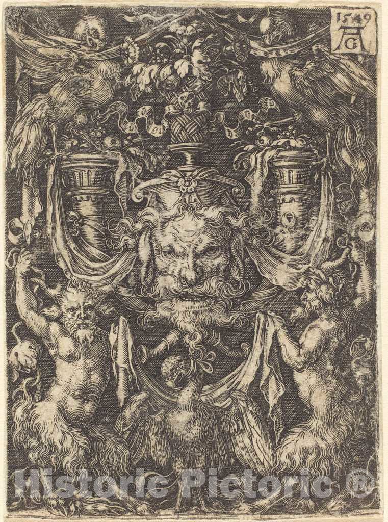Art Print : Aldegrever, Ornament with Mask, Eagle Between Satyrs Below, 1549 - Vintage Wall Art