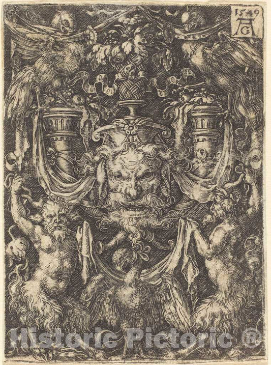 Art Print : Aldegrever, Ornament with Mask, Eagle Between Satyrs Below, 1549 - Vintage Wall Art