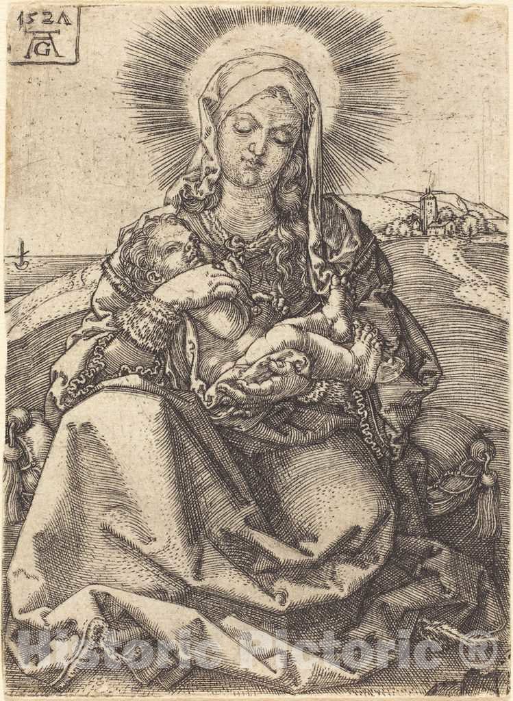 Art Print : Aldegrever, Madonna in a Landscape Sitting on a Cushion, 1527 - Vintage Wall Art