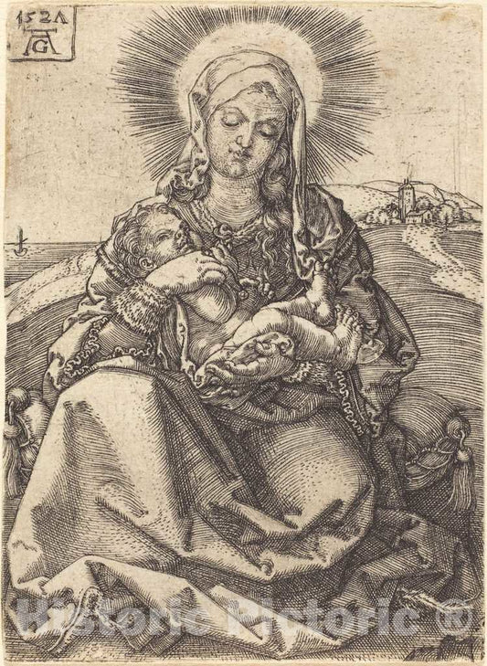 Art Print : Aldegrever, Madonna in a Landscape Sitting on a Cushion, 1527 - Vintage Wall Art