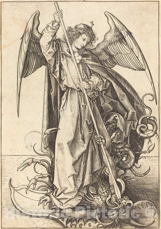 Art Print : Martin Schongauer, Saint Michael Slaying The Dragon, c.1485 - Vintage Wall Art