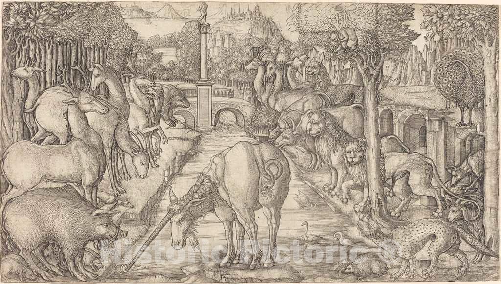 Art Print : Jean Duvet, The Unicorn Purifies The Water with Its Horn, c.1558 - Vintage Wall Art