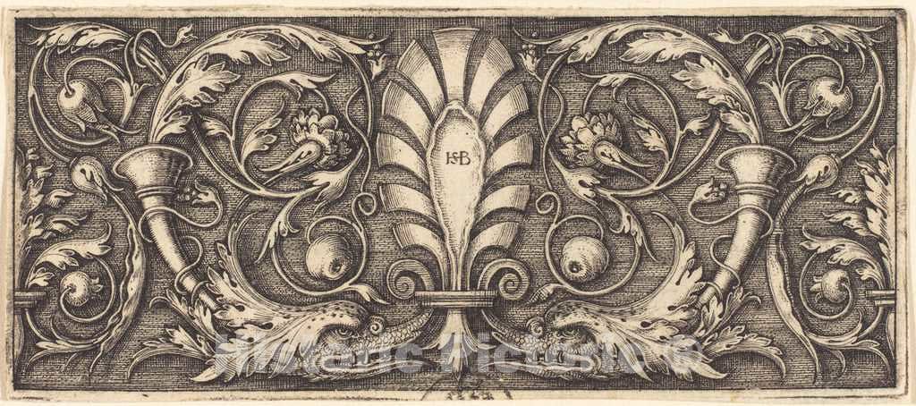 Art Print : Sebald Beham, Ornament with Two Grotesque Dolphins, in or Before 1531 - Vintage Wall Art
