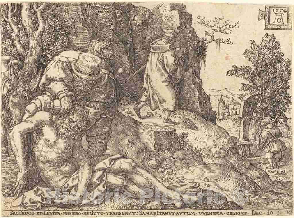 Art Print : Aldegrever, The Good Samaritan Ministering to The Traveler, 1554 - Vintage Wall Art