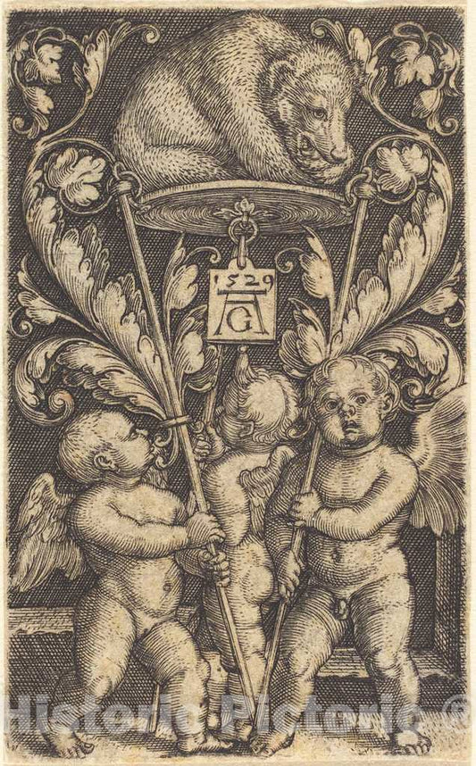 Art Print : Aldegrever, Three Cupids and a Bear, 1529 - Vintage Wall Art