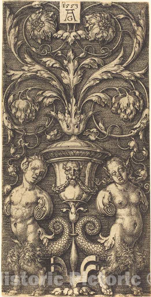 Art Print : Aldegrever, Ornament with Vase and Two Female Figures, 1553 - Vintage Wall Art