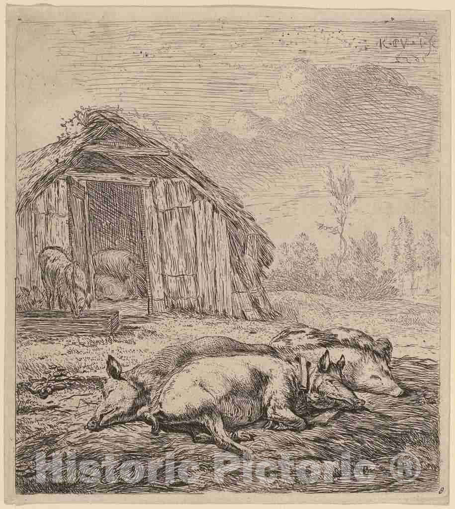Art Print : Dujardin, Three Pigs, 1652 - Vintage Wall Art