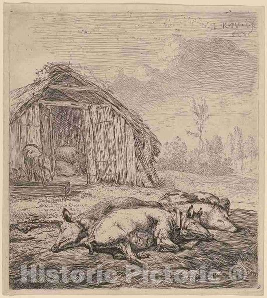 Art Print : Dujardin, Three Pigs, 1652 - Vintage Wall Art