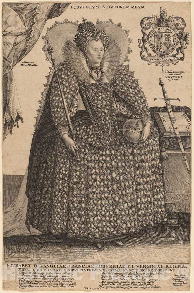 Art Print : Crispijn de Passe I, Elizabeth, Queen of England - Vintage Wall Art