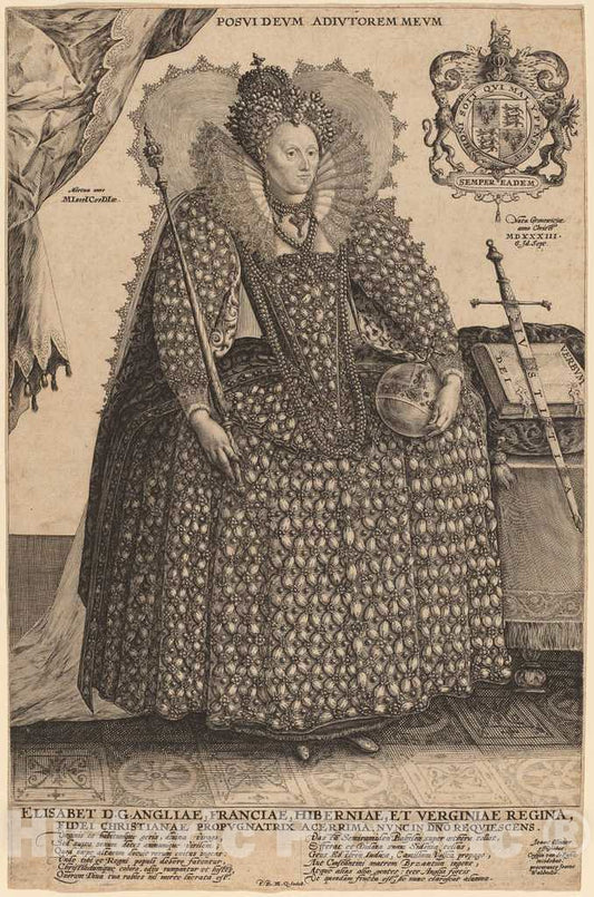 Art Print : Crispijn de Passe I, Elizabeth, Queen of England - Vintage Wall Art