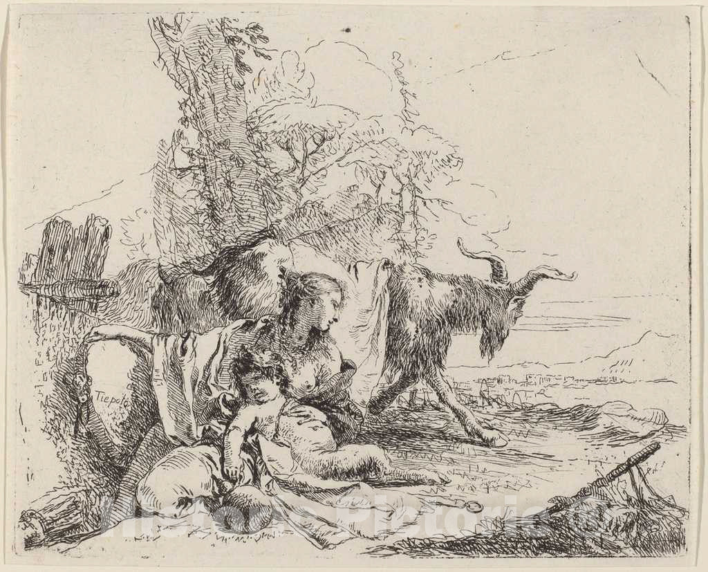 Art Print : Giovanni Battista Tiepolo, Woman, Satyr Child, and Goat in a Landscape, 1785 - Vintage Wall Art