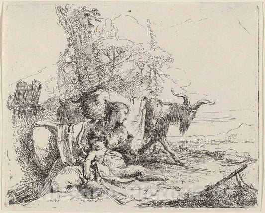 Art Print : Giovanni Battista Tiepolo, Woman, Satyr Child, and Goat in a Landscape, 1785 - Vintage Wall Art