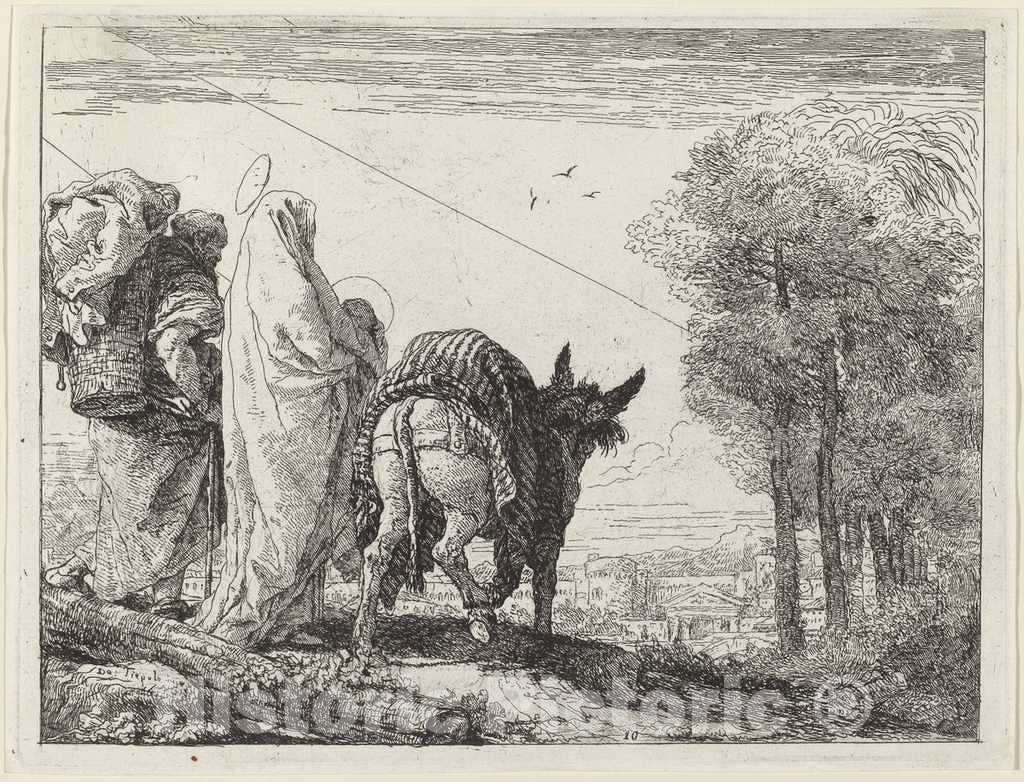 Art Print : Giovanni Domenico Tiepolo, The Flight with The Holy Family at The Left, 1753 - Vintage Wall Art
