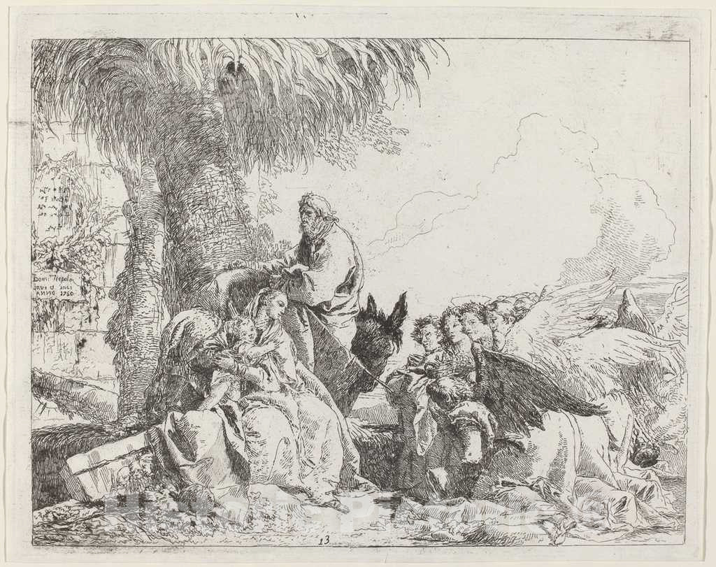 Art Print : Giovanni Domenico Tiepolo, The Rest on The Flight, with Adoring Angels, 1750 - Vintage Wall Art