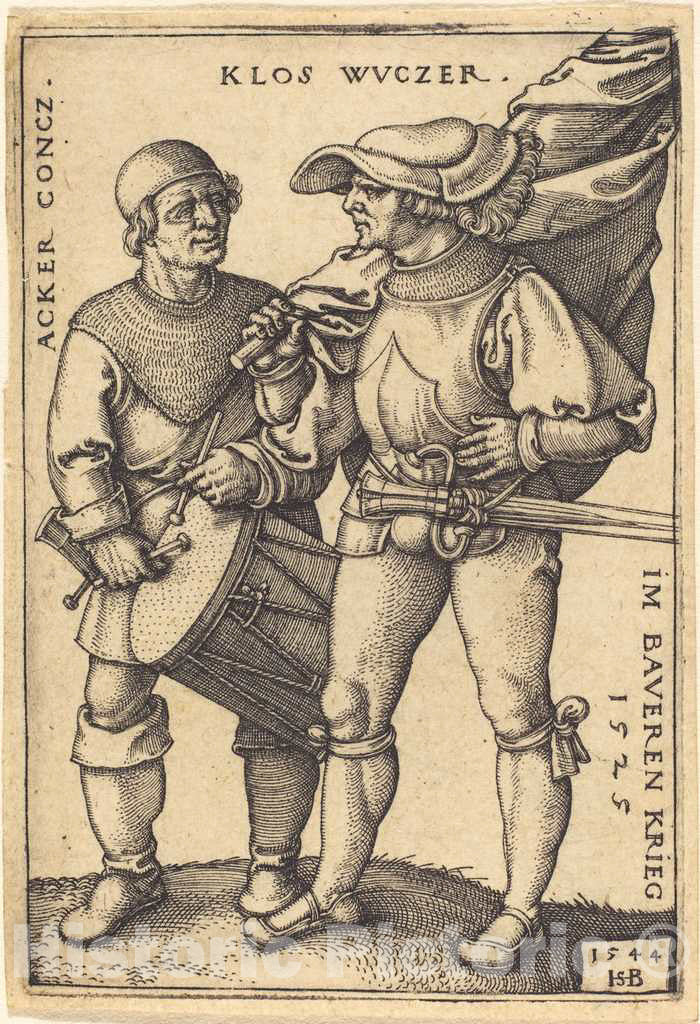 Art Print : Sebald Beham, Standard Bearer and Drummer, 1544 - Vintage Wall Art