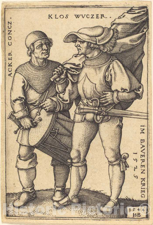 Art Print : Sebald Beham, Standard Bearer and Drummer, 1544 - Vintage Wall Art