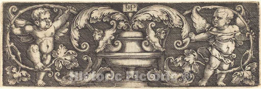 Art Print : Sebald Beham, Ornament with a Vase Between Two Genii - Vintage Wall Art