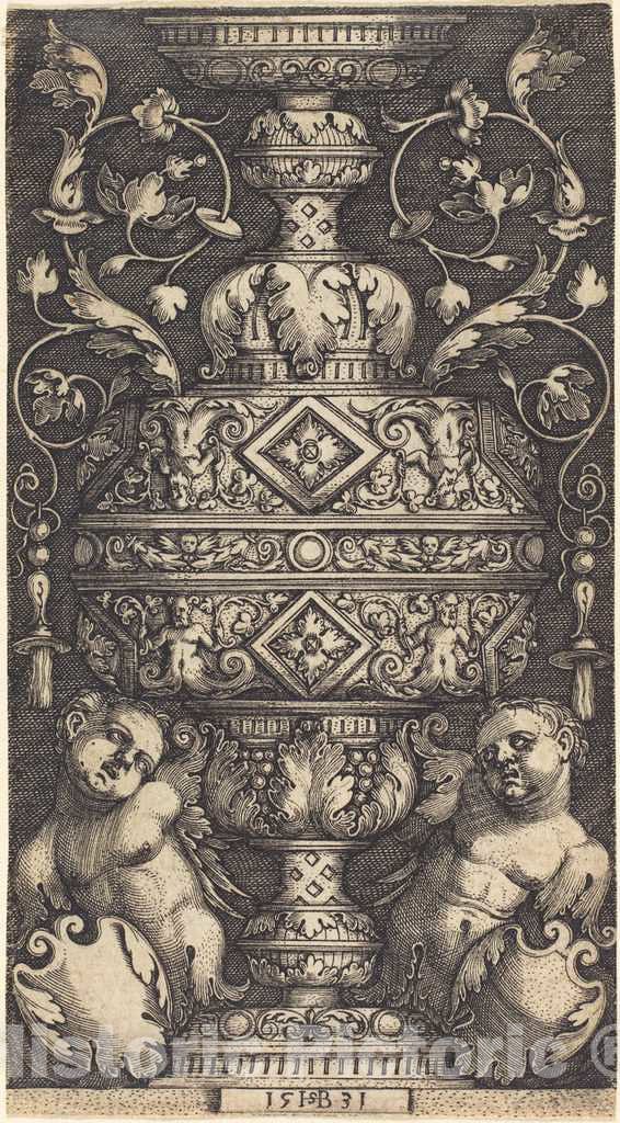 Art Print : Sebald Beham, Double Goblet, at Foot Two Genii, 1531 - Vintage Wall Art