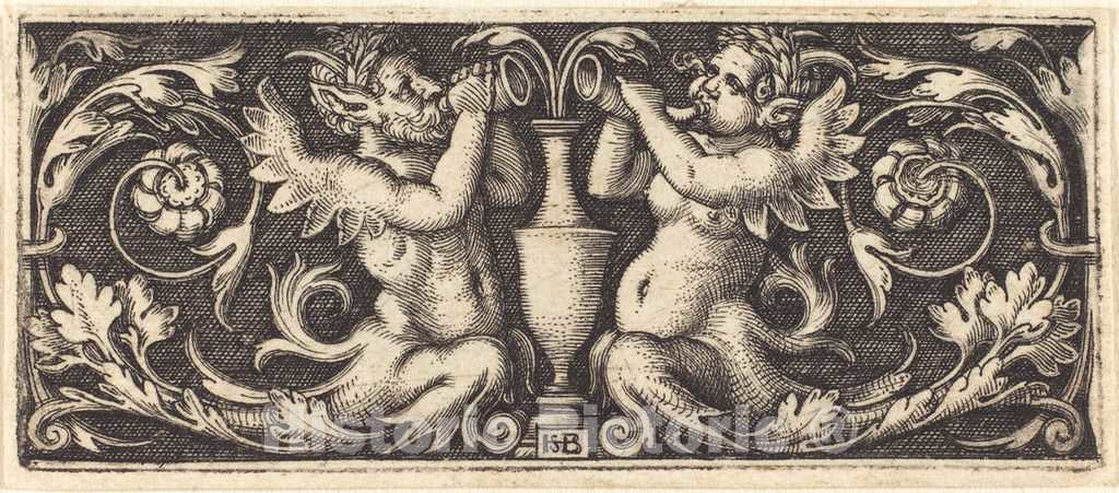 Art Print : Sebald Beham, Ornament with Two Tritons Blowing Horns, 1544 - Vintage Wall Art